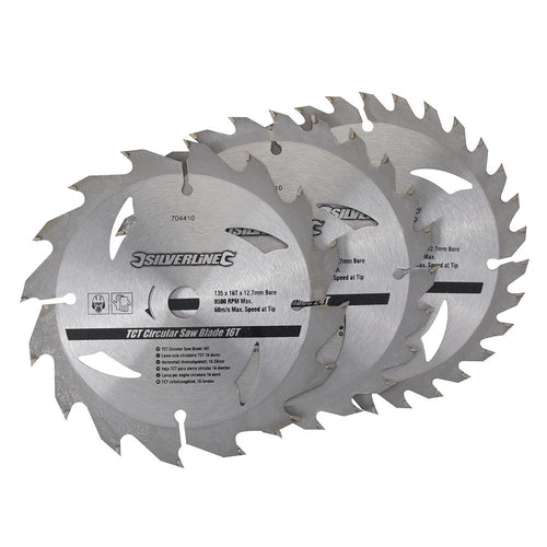 Silverline 704410 TCT Circular Saw Blades 16, 24, 30T 3pk - 135 x 12.7 - 10mm Ring - Voyto Ltd Online