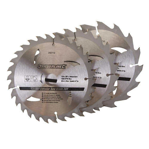 Silverline 292712 TCT Circular Saw Blades 16, 24, 30T 3pk - 150 x 20 - 16, 12.75mm Rings - Voyto Ltd Online