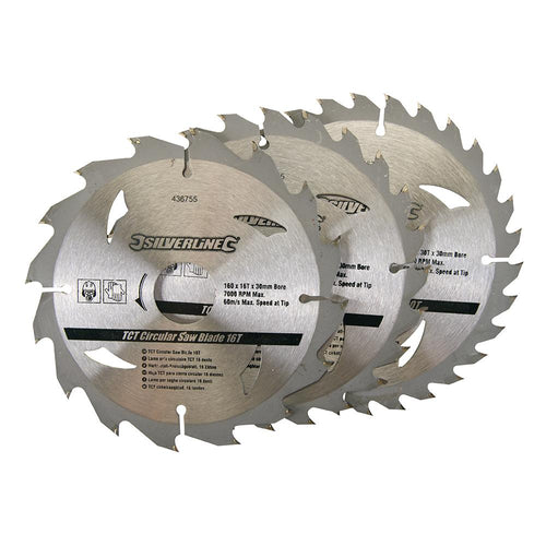 Silverline 436755 TCT Circular Saw Blades 16, 24, 30T 3pk - 160 x 30 - 20, 16, 10mm Rings - Voyto Ltd Online