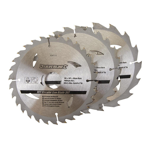 Silverline 934115 TCT Circular Saw Blades 16, 24, 30T 3pk - 165 x 30 - 20, 16, 10mm Rings - Voyto Ltd Online