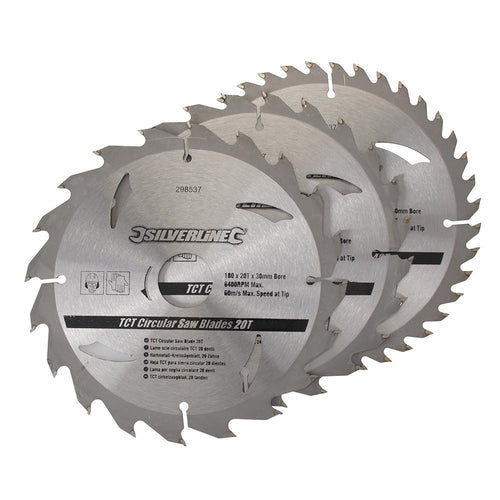 Silverline 298537 TCT Circular Saw Blades 20, 24, 40T 3pk - 180 x 30 - 20, 16mm Rings - Voyto Ltd Online