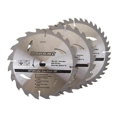 Silverline 260333 TCT Circular Saw Blades 20, 24, 40T 3pk - 190 x 16 - No Ring - Voyto Ltd Online