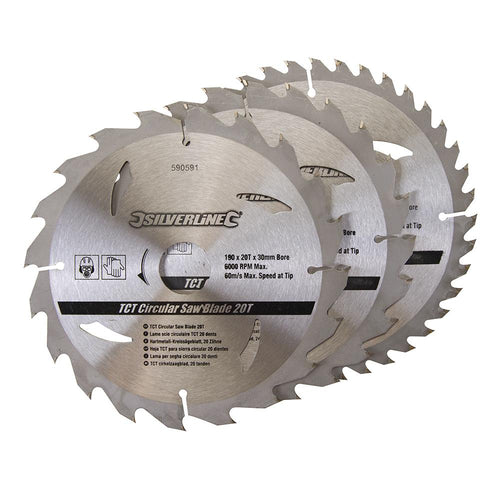 Silverline 590591 TCT Circular Saw Blades 20, 24, 40T 3pk - 190 x 30 - 25, 20mm Rings - Voyto Ltd Online