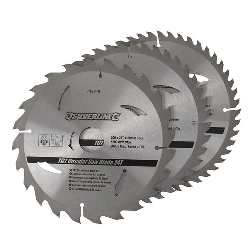Silverline 749249 TCT Circular Saw Blades 24, 40, 48T 3pk - 200 x 30 - 25, 18, 16mm Rings - Voyto Ltd Online
