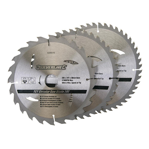 Silverline 408979 TCT Circular Saw Blades 24, 40, 48T 3pk - 205 x 30 - 25, 18, 16mm Rings - Voyto Ltd Online