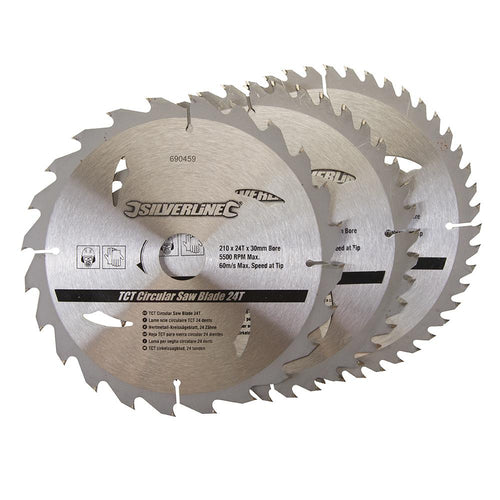 Silverline 690459 TCT Circular Saw Blades 24, 40, 48T 3pk - 210 x 30 - 25, 16mm Rings - Voyto Ltd Online