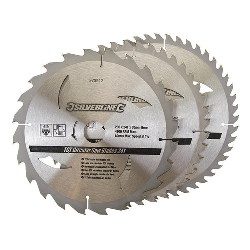 Silverline 973912 TCT Circular Saw Blades 24, 40, 48T 3pk - 235 x 30 - 25, 16mm Rings - Voyto Ltd Online