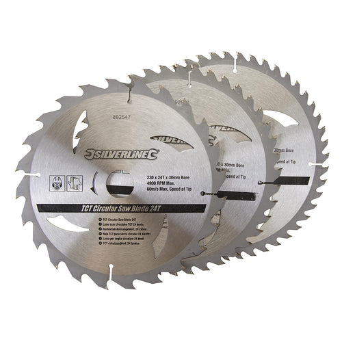 Silverline 892547 TCT Circular Saw Blades 24, 40, 48T 3pk - 230 x 30 - 25, 20, 16mm Rings - Voyto Ltd Online