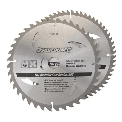Silverline 991704 TCT Circular Saw Blades 40, 60T 2pk - 250 x 30 - 25, 20, 16mm Rings - Voyto Ltd Online