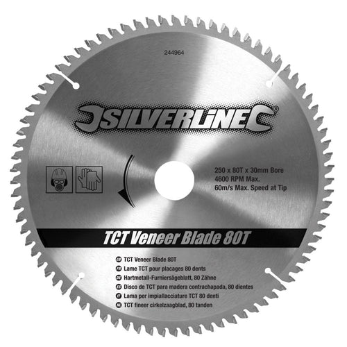Silverline 244964 TCT Veneer Blade 80T - 250 x 30 - 25, 20, 16mm Rings - Voyto Ltd Online