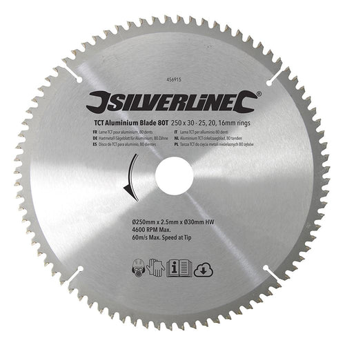 Silverline 456915 TCT Aluminium Blade 80T - 250 x 30 - 25, 20, 16mm Rings - Voyto Ltd Online