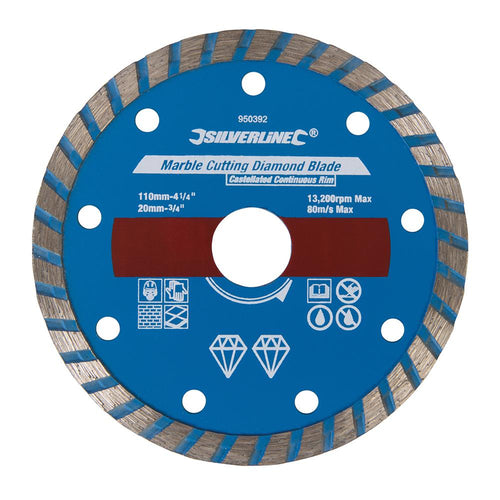 Silverline 950392 Marble Cutting Diamond Blade - 110 x 20mm Castellated Continuous Rim - Voyto Ltd Online
