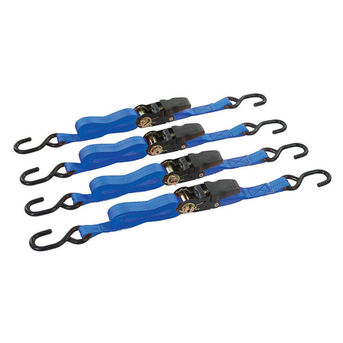 Silverline 648419 Rubber-Handled Ratchet Tie Down Strap S-Hook 4pk - 4m x 25mm Rated 350kg Capacity 700kg - Voyto Ltd Online