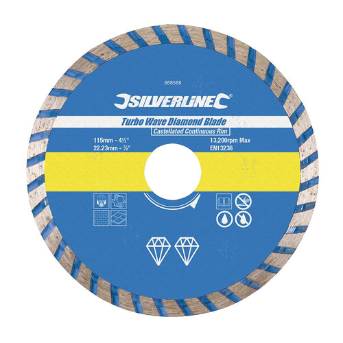 Silverline 868588 Turbo Wave Diamond Blade - 115 x 22.23mm Castellated Continuous Rim - Voyto Ltd Online