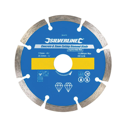 Silverline 394979 Concrete & Stone Cutting Diamond Blade - 115 x 22.23mm Segmented Rim - Voyto Ltd Online
