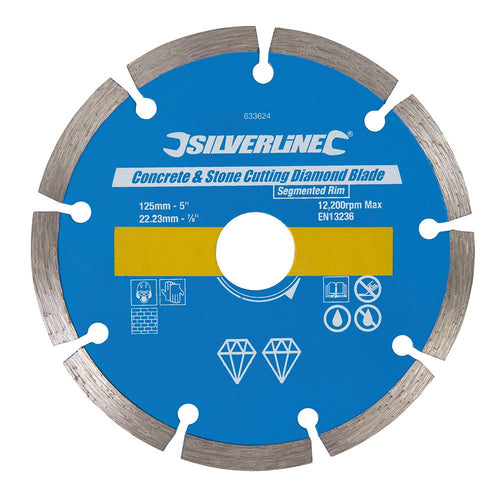 Silverline 633624 Concrete & Stone Cutting Diamond Blade - 125 x 22.23mm Segmented Rim - Voyto Ltd Online