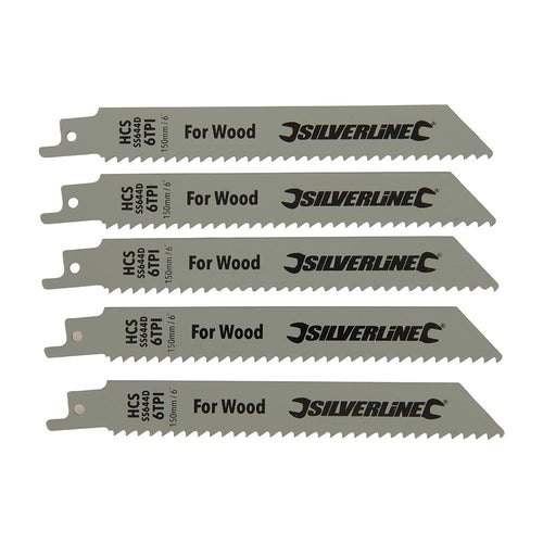 Silverline 598431 Recip Saw Blades for Wood 5pk - HCS - 6tpi - 150mm - Voyto Ltd Online