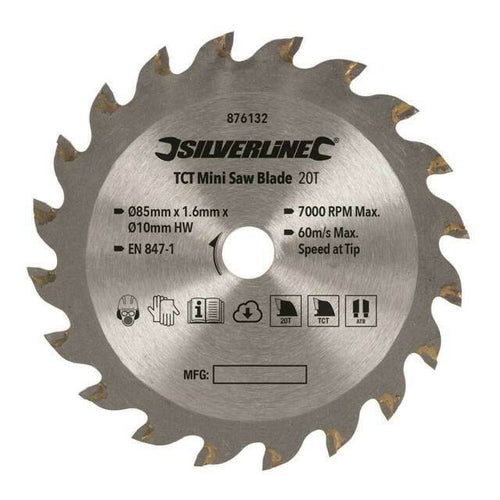 Silverline 876132 TCT Mini Saw Blade - 85mm Dia - 10mm Bore - 20T - Voyto Ltd Online